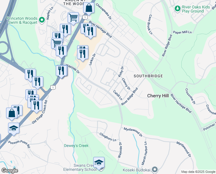 map of restaurants, bars, coffee shops, grocery stores, and more near 17360 Wexford Loop in Dumfries