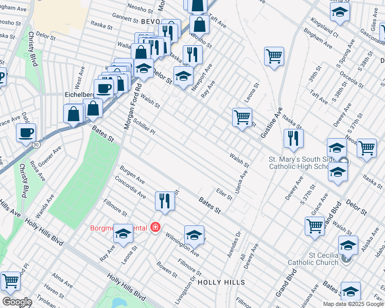 map of restaurants, bars, coffee shops, grocery stores, and more near 4043 Schiller Place in St. Louis