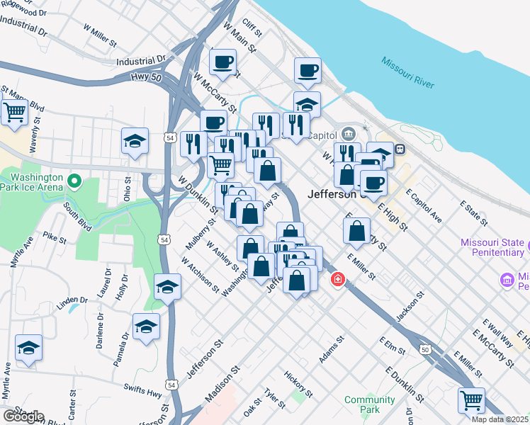 map of restaurants, bars, coffee shops, grocery stores, and more near 224 West Elm Street in Jefferson City