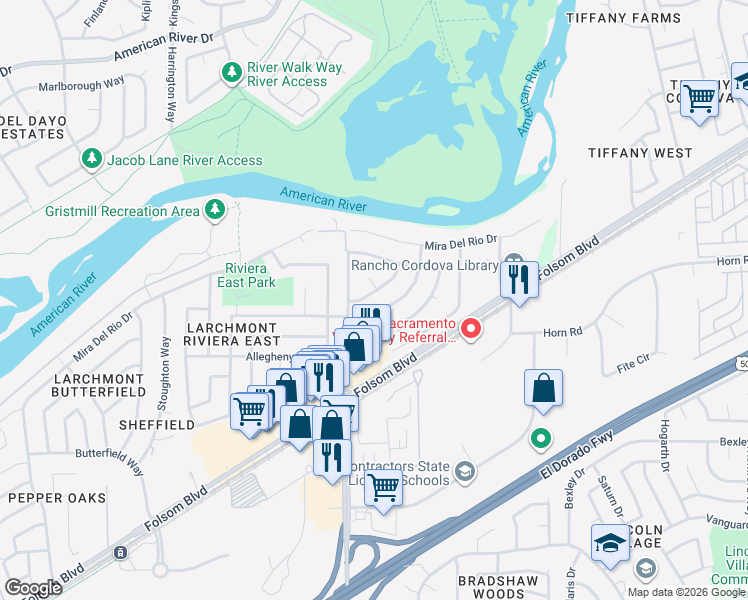 map of restaurants, bars, coffee shops, grocery stores, and more near 2806 Bradshaw Road in Sacramento