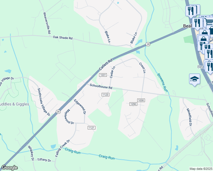 map of restaurants, bars, coffee shops, grocery stores, and more near 11166 Cedar Lane in Bealeton