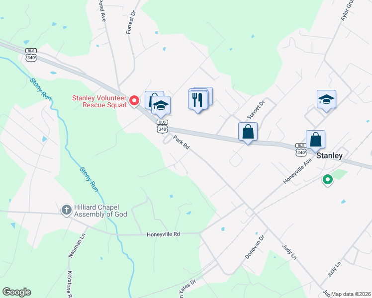map of restaurants, bars, coffee shops, grocery stores, and more near 125 Massanutten Valley Road in Stanley