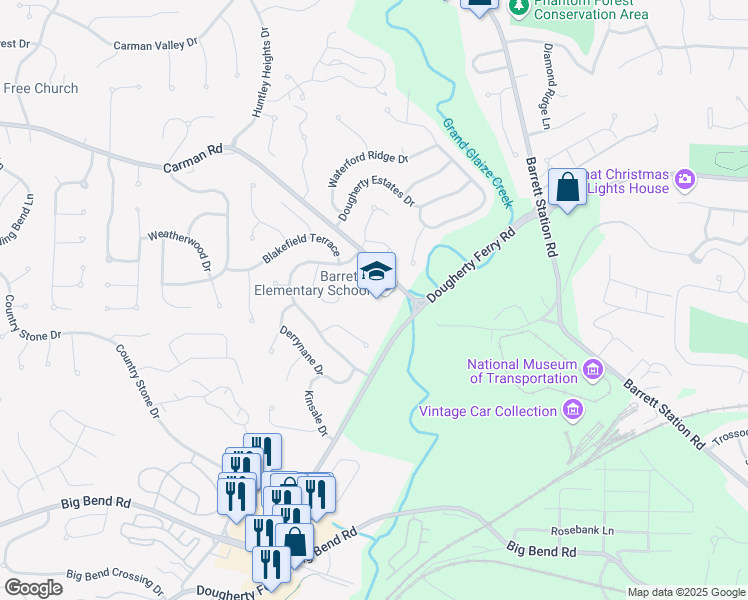 map of restaurants, bars, coffee shops, grocery stores, and more near 1780 Carman Road in Ballwin