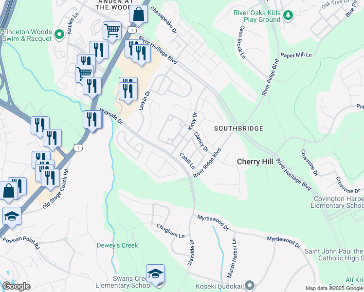 map of restaurants, bars, coffee shops, grocery stores, and more near 17340 Rocky Mount Lane in Dumfries