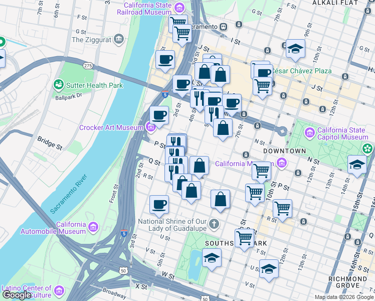 map of restaurants, bars, coffee shops, grocery stores, and more near in Sacramento