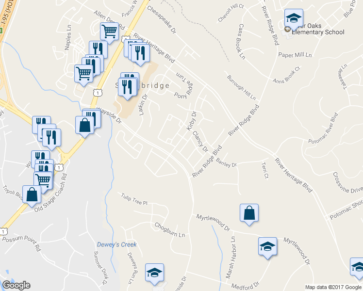 map of restaurants, bars, coffee shops, grocery stores, and more near 17340 Rocky Mount Lane in Dumfries