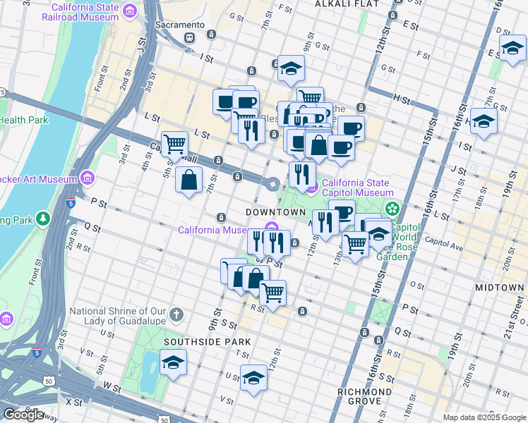 map of restaurants, bars, coffee shops, grocery stores, and more near 900 N Street in Sacramento