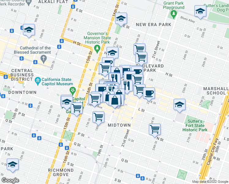 map of restaurants, bars, coffee shops, grocery stores, and more near 1118 19th Street in Sacramento