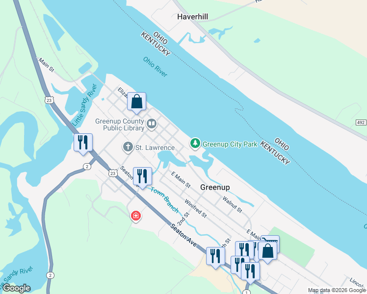 map of restaurants, bars, coffee shops, grocery stores, and more near 208 Jefferson Street in Greenup