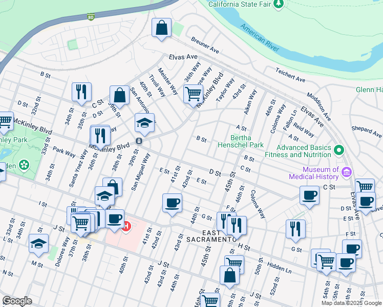 map of restaurants, bars, coffee shops, grocery stores, and more near 4116 C Street in Sacramento
