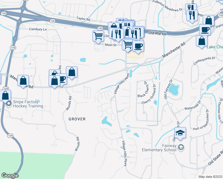 map of restaurants, bars, coffee shops, grocery stores, and more near 16518 Carriage View Court in Wildwood