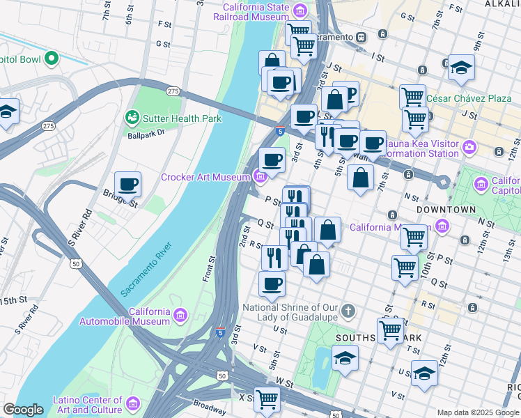 map of restaurants, bars, coffee shops, grocery stores, and more near 200 P Street in Sacramento