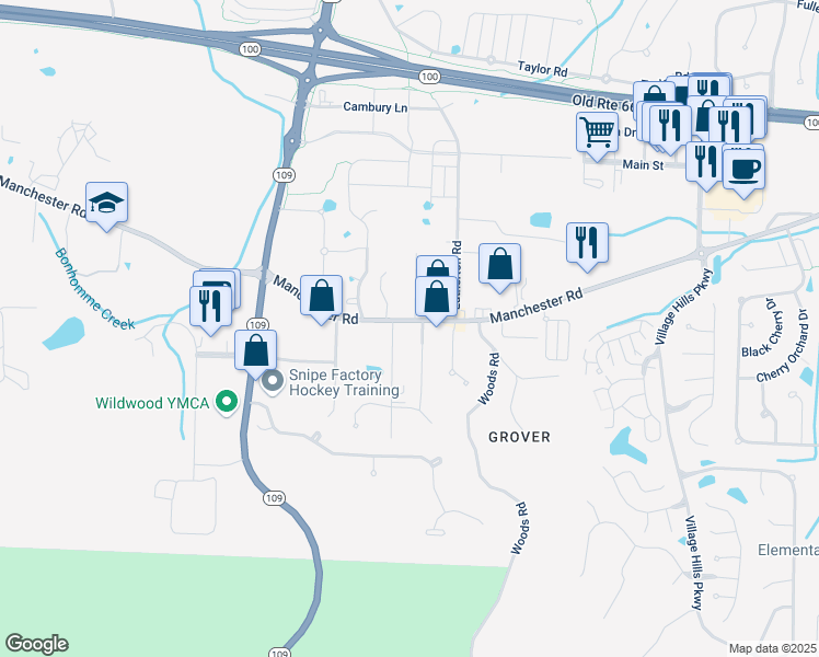 map of restaurants, bars, coffee shops, grocery stores, and more near 17016 Manchester Road in Wildwood