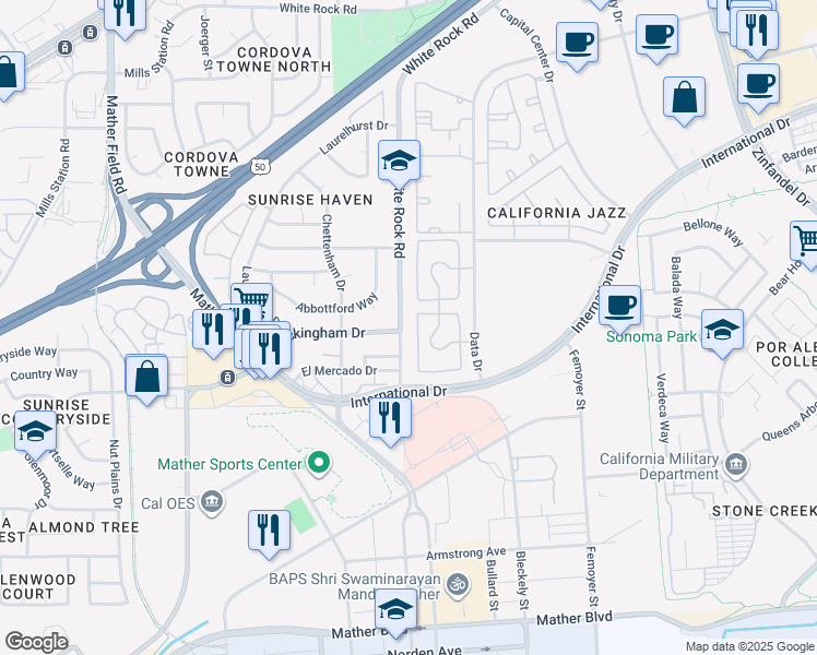 map of restaurants, bars, coffee shops, grocery stores, and more near 10228 South White Rock Road in Rancho Cordova