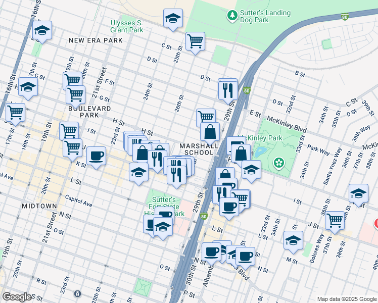 map of restaurants, bars, coffee shops, grocery stores, and more near 813 1/2 28th Street in Sacramento