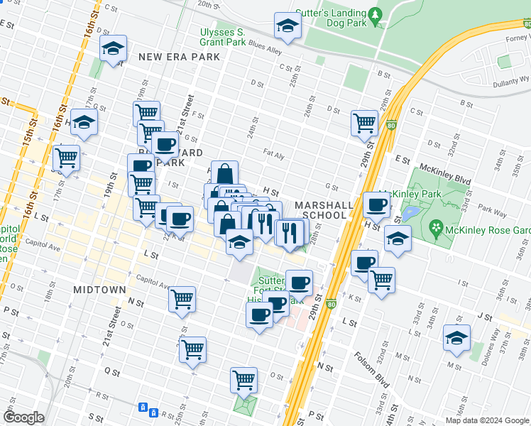 map of restaurants, bars, coffee shops, grocery stores, and more near 2528 I Street in Sacramento