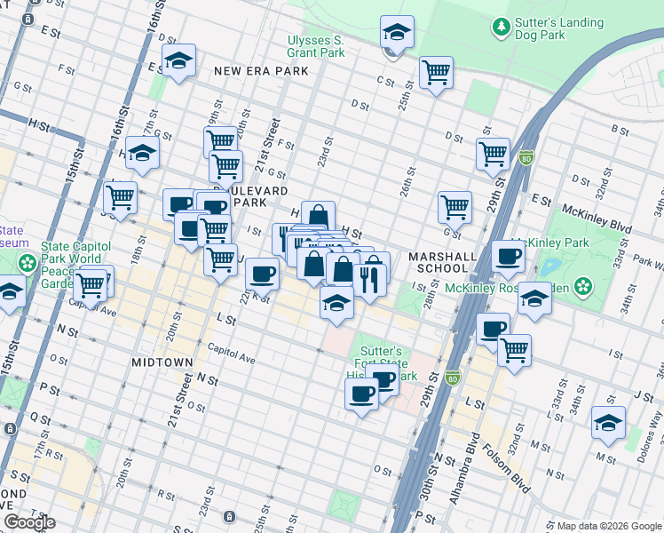 map of restaurants, bars, coffee shops, grocery stores, and more near 914 25th Street in Sacramento