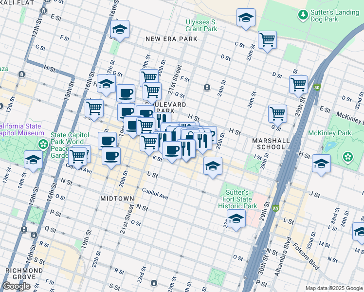 map of restaurants, bars, coffee shops, grocery stores, and more near in Sacramento
