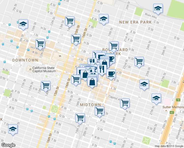 map of restaurants, bars, coffee shops, grocery stores, and more near in Sacramento