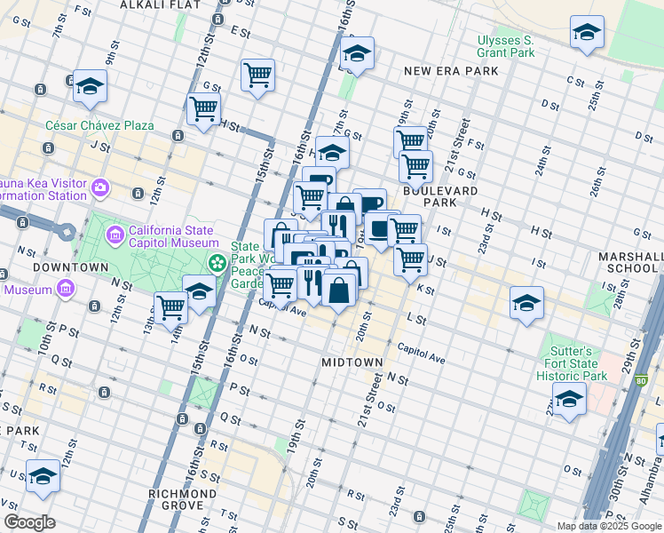 map of restaurants, bars, coffee shops, grocery stores, and more near 1124 18th Street in Sacramento