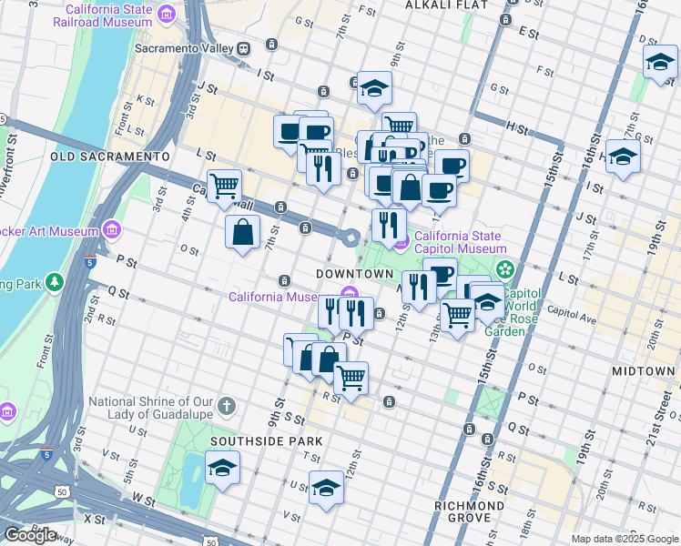 map of restaurants, bars, coffee shops, grocery stores, and more near in Sacramento