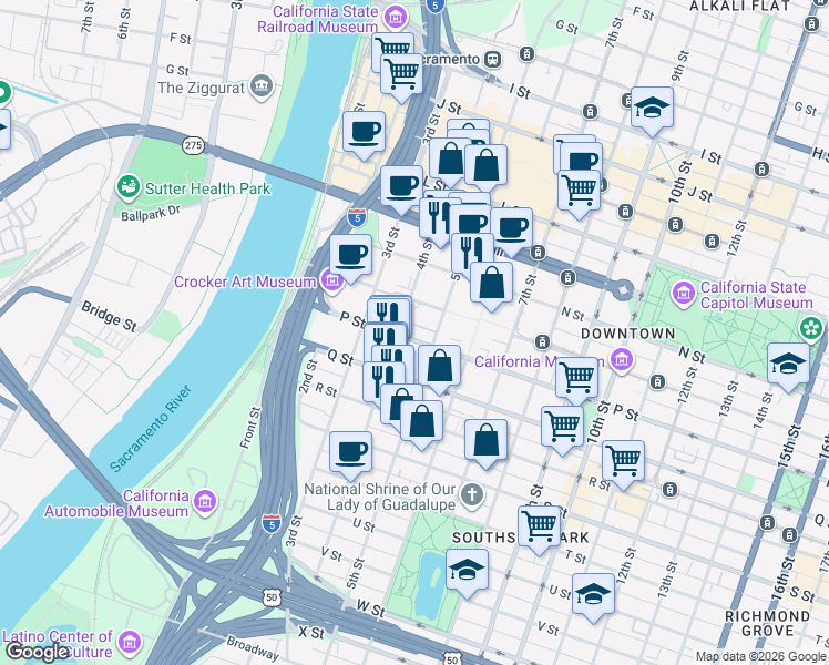 map of restaurants, bars, coffee shops, grocery stores, and more near in Sacramento
