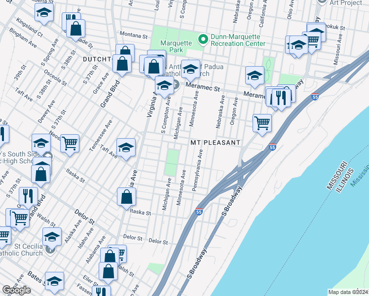 map of restaurants, bars, coffee shops, grocery stores, and more near 4435 Minnesota Avenue in St. Louis