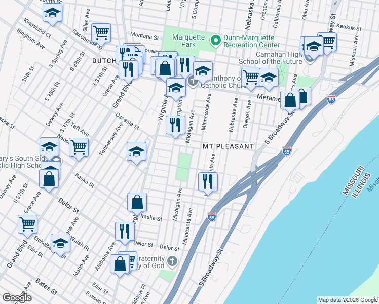 map of restaurants, bars, coffee shops, grocery stores, and more near 4434 West Michigan Avenue in St. Louis