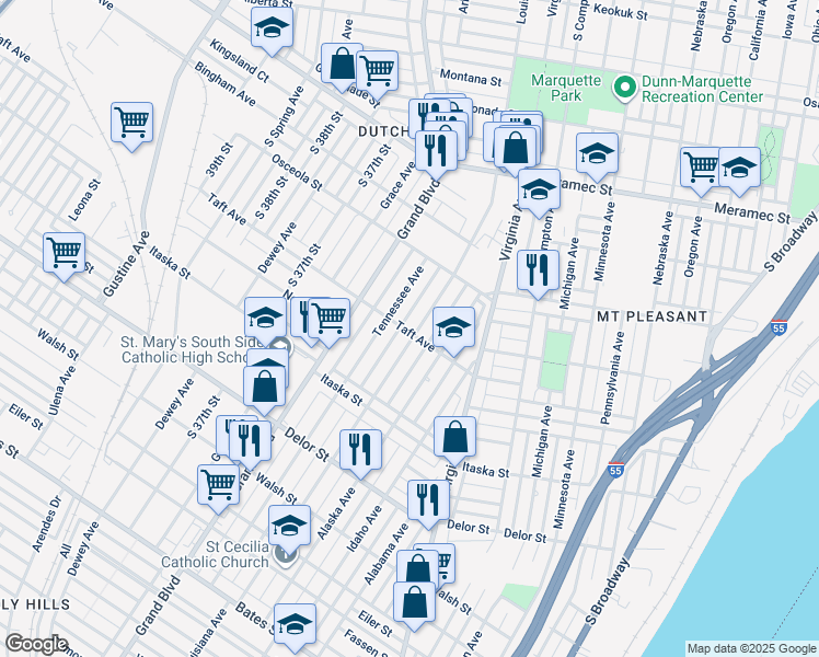 map of restaurants, bars, coffee shops, grocery stores, and more near 4613 Louisiana Avenue in St. Louis
