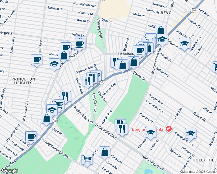 map of restaurants, bars, coffee shops, grocery stores, and more near 5832 Goener Avenue in St. Louis