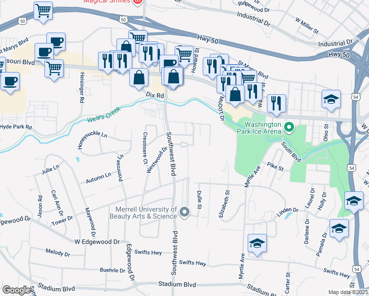 map of restaurants, bars, coffee shops, grocery stores, and more near 913 Southwest Boulevard in Jefferson City