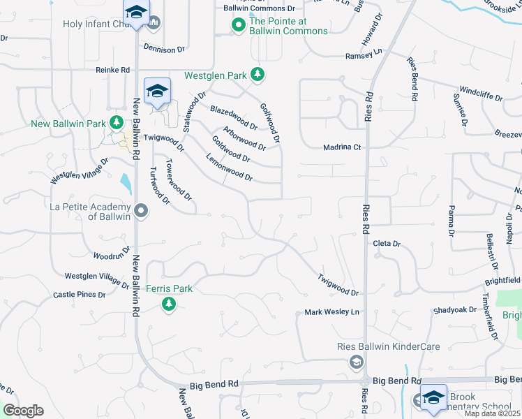 map of restaurants, bars, coffee shops, grocery stores, and more near 407 Great Hill Drive in Ballwin