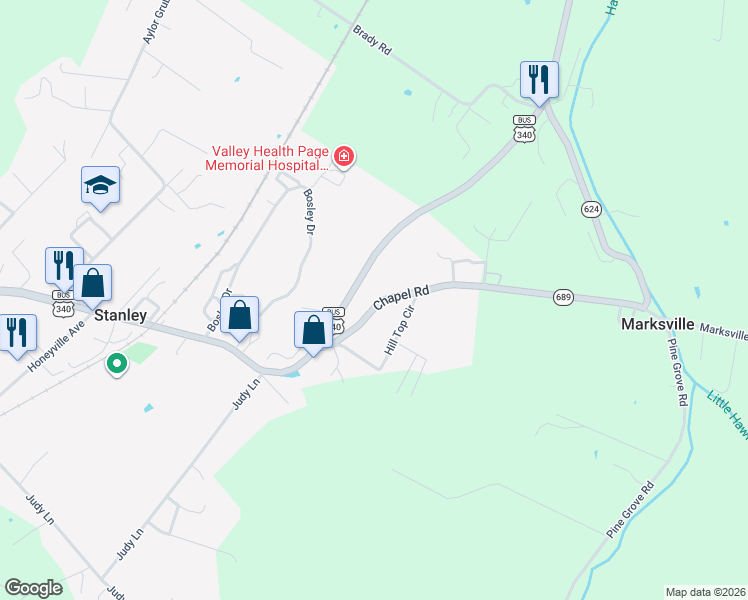 map of restaurants, bars, coffee shops, grocery stores, and more near 229 Chapel Road in Stanley