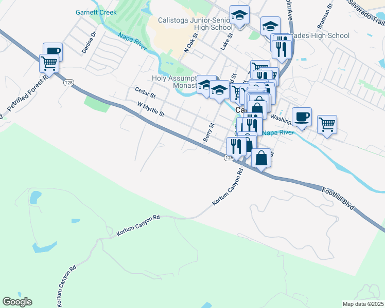 map of restaurants, bars, coffee shops, grocery stores, and more near 11 Terrace Drive in Calistoga