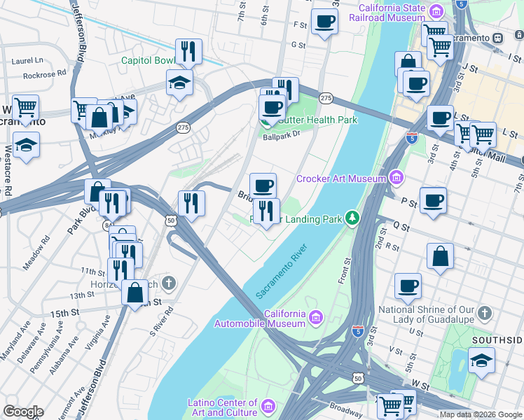 map of restaurants, bars, coffee shops, grocery stores, and more near 965 Bridge Street in West Sacramento