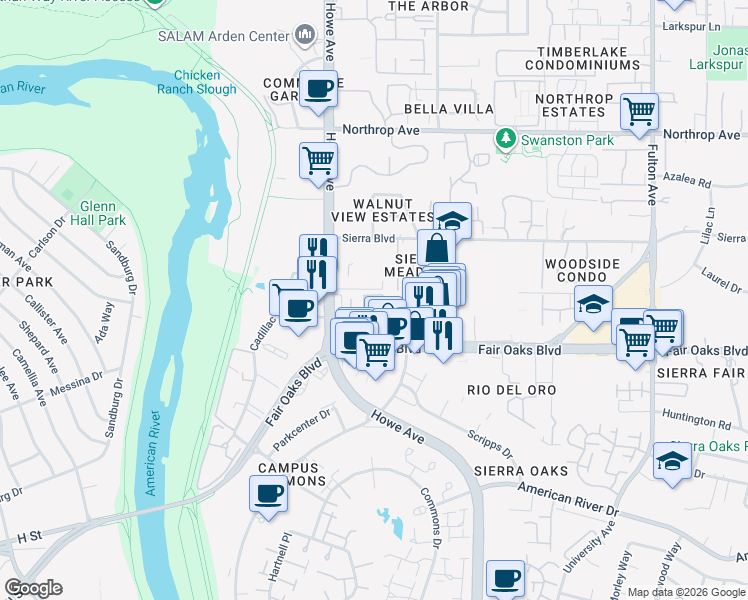 map of restaurants, bars, coffee shops, grocery stores, and more near 514 Pine Garden Lane in Sacramento