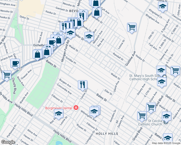 map of restaurants, bars, coffee shops, grocery stores, and more near 4059 Schiller Place in St. Louis
