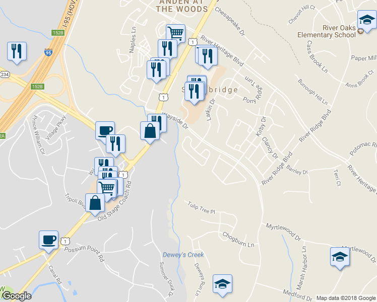 map of restaurants, bars, coffee shops, grocery stores, and more near 3294 Mountain Laurel Loop in Dumfries