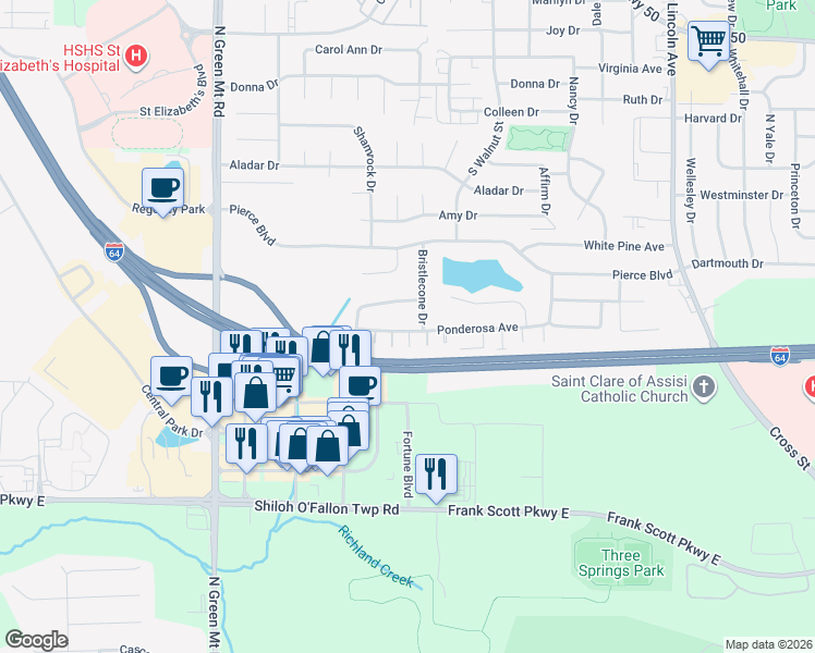 map of restaurants, bars, coffee shops, grocery stores, and more near 504 Ponderosa Avenue in O'Fallon
