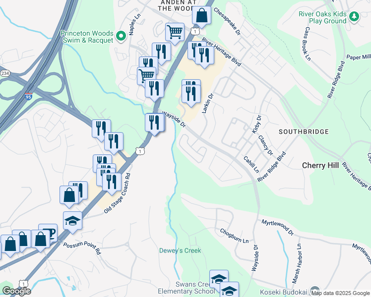 map of restaurants, bars, coffee shops, grocery stores, and more near 3294 Mountain Laurel Loop in Dumfries