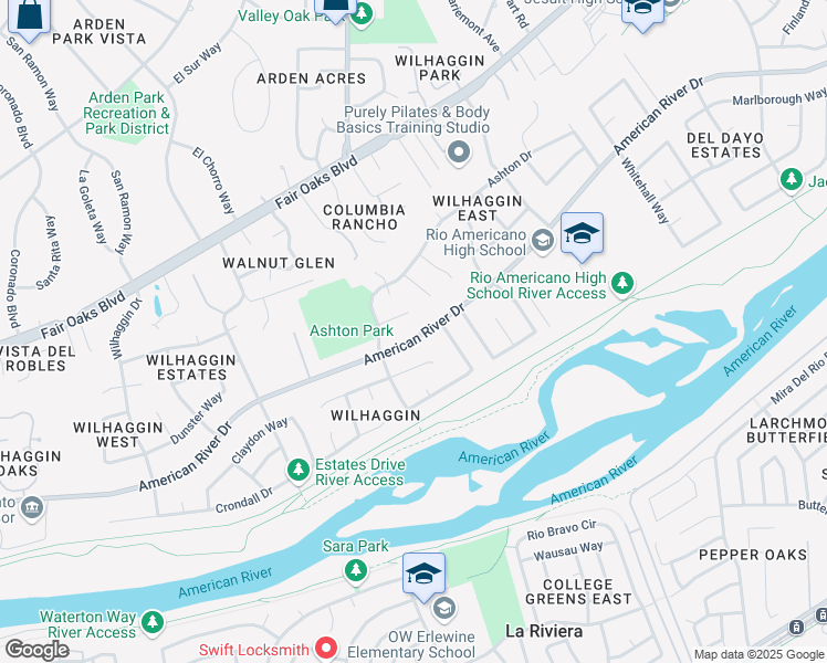 map of restaurants, bars, coffee shops, grocery stores, and more near 4217 American River Drive in Sacramento