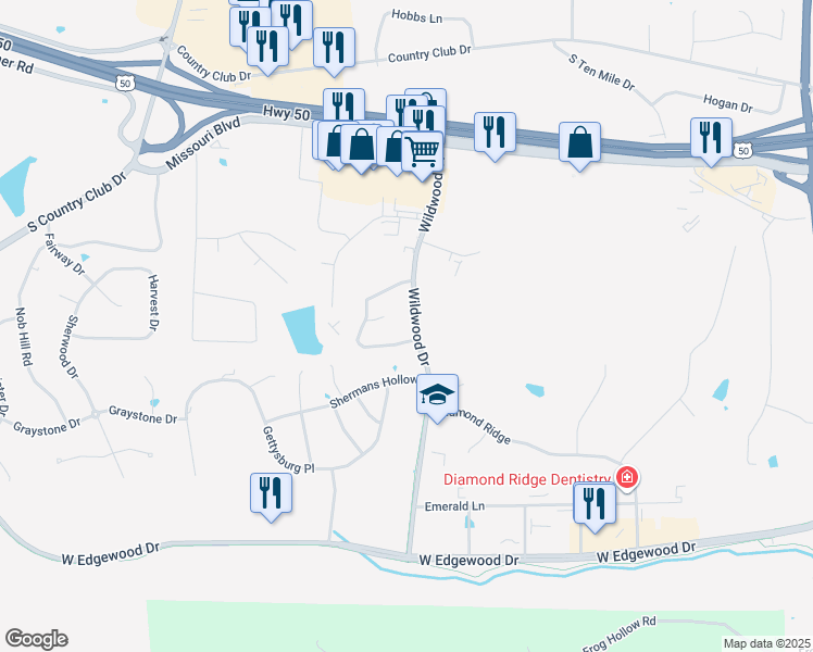 map of restaurants, bars, coffee shops, grocery stores, and more near 810 Wildwood Drive in Jefferson City