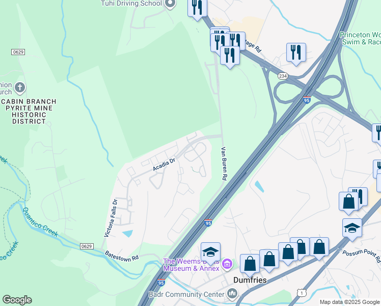 map of restaurants, bars, coffee shops, grocery stores, and more near 4092 Jasper Loop in Dumfries