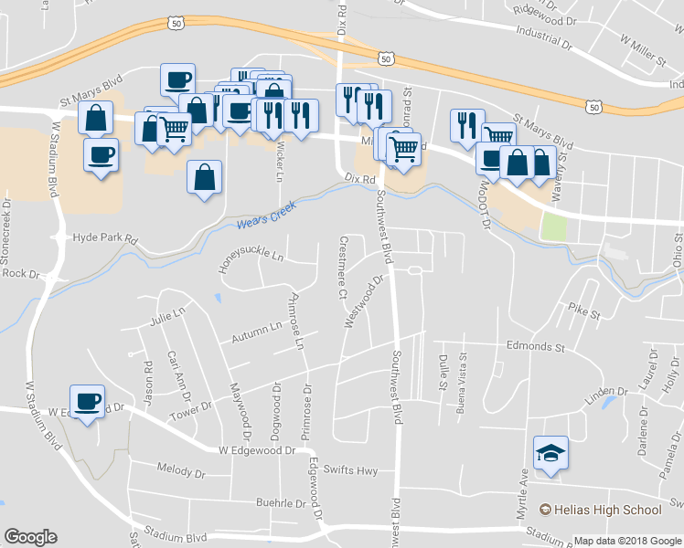 map of restaurants, bars, coffee shops, grocery stores, and more near 1998 Glenwood Drive in Jefferson City
