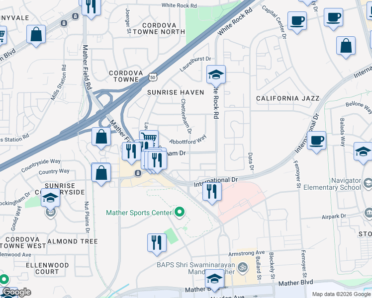 map of restaurants, bars, coffee shops, grocery stores, and more near 10444 Rockingham Drive in Rancho Cordova