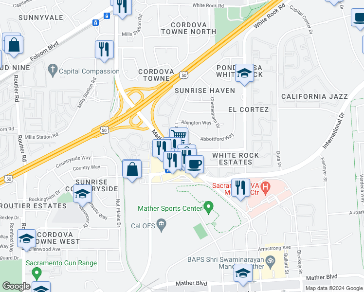 map of restaurants, bars, coffee shops, grocery stores, and more near 10401 Rockingham Drive in Rancho Cordova