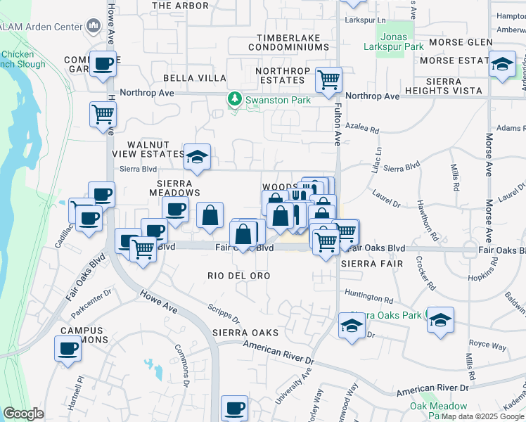 map of restaurants, bars, coffee shops, grocery stores, and more near 535 Fulton Avenue in Sacramento
