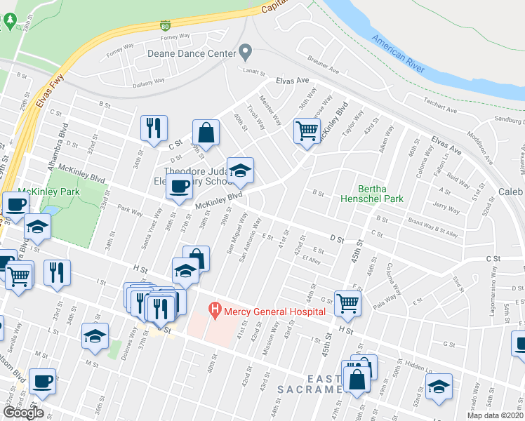 map of restaurants, bars, coffee shops, grocery stores, and more near 416 San Antonio Way in Sacramento