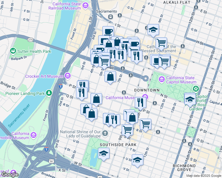 map of restaurants, bars, coffee shops, grocery stores, and more near 704 O Street in Sacramento