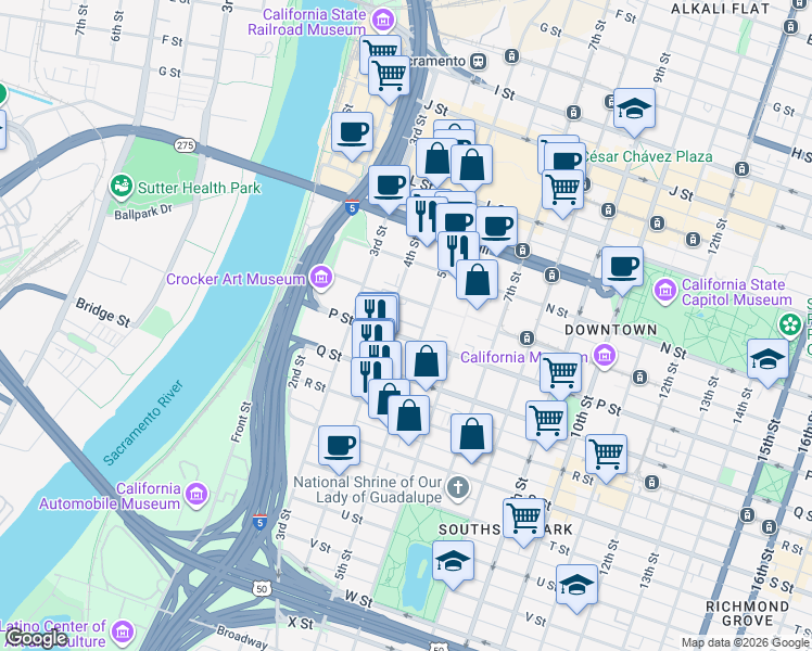 map of restaurants, bars, coffee shops, grocery stores, and more near in Sacramento